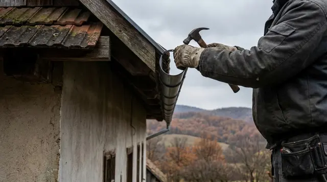 Bádogos kesztyűs kézzel ereszcsatornát rögzít egy családi ház eresze alatt
