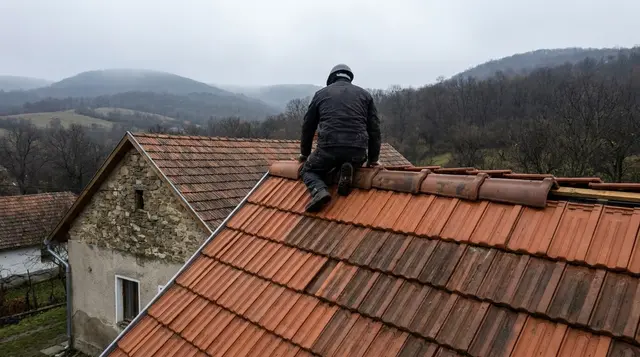 Tetőfedő hátulról a gerinccserepeket rakja egy cserépfedésű házon, a háttérben erdős hegyek