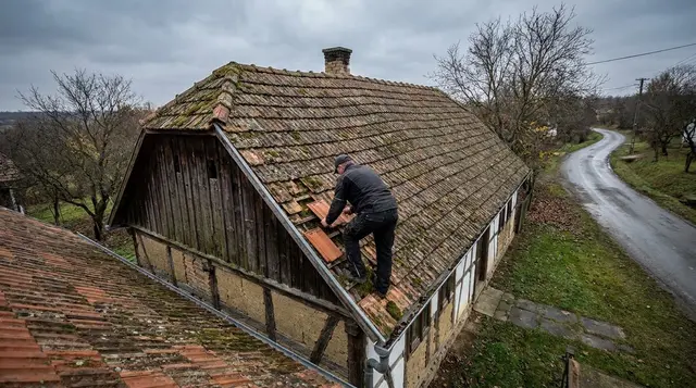 Tetőfedő egy mohás cseréptetőn kicseréli a sérült cserepeket
